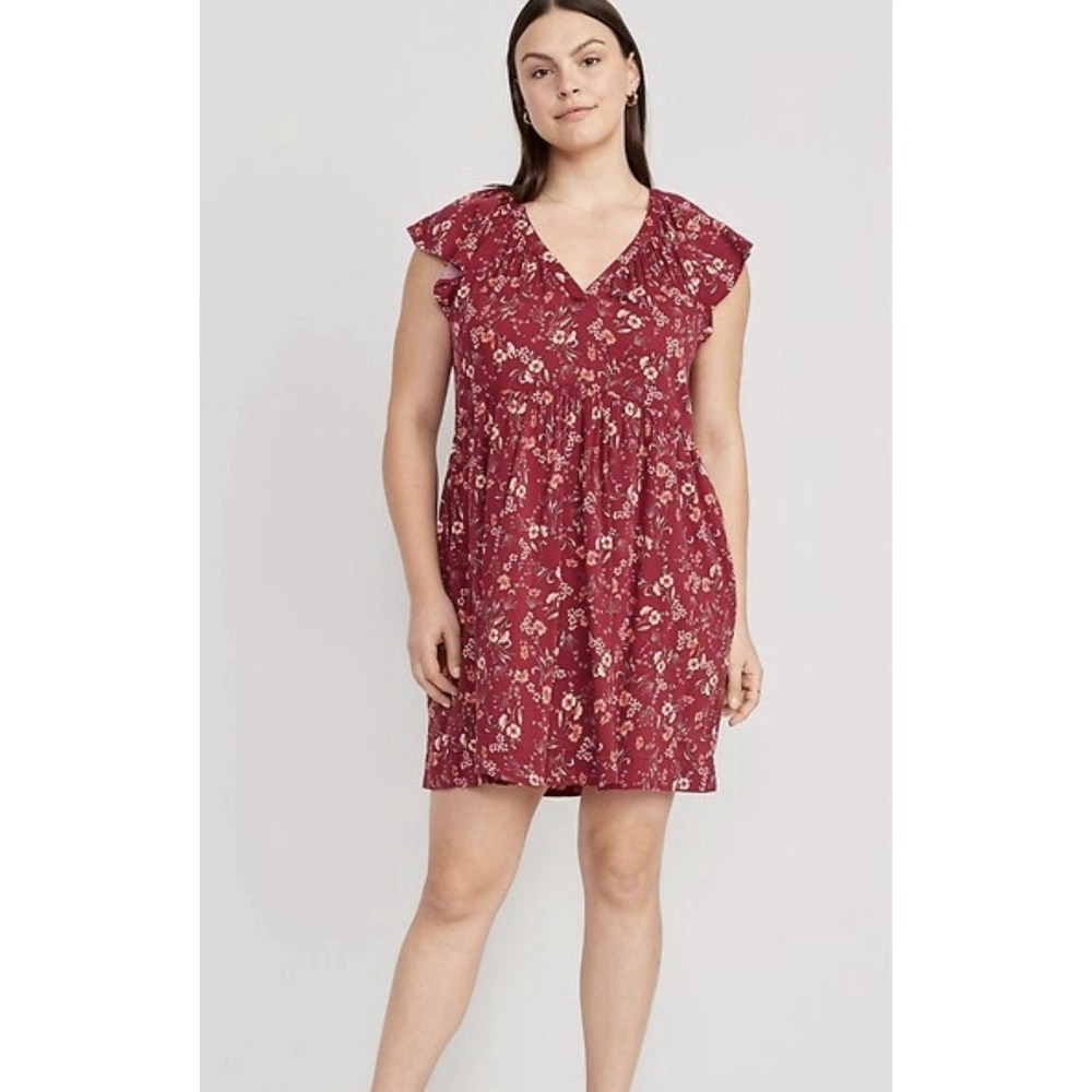 OLD NAVY Red Floral Flutter Sleeve V-Neck Mini Dress Tunic Oversized L Flowy